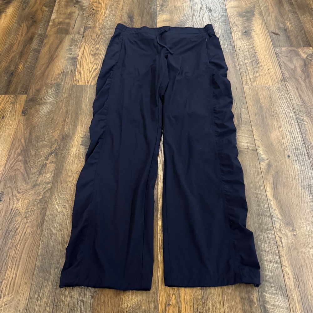 Athleta Navy Blue Ruched Side Wide Leg Athletic Pants Women's Size 12 Drawstring